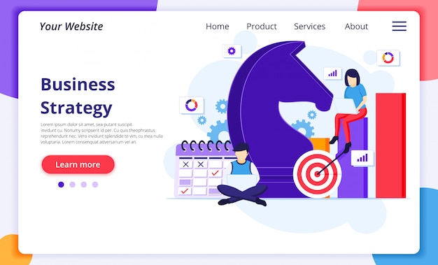 Concetto di strategia aziendale, le persone con elementi di marketing stanno pianificando una strategia aziendale. modello di pagina di destinazione del sito web