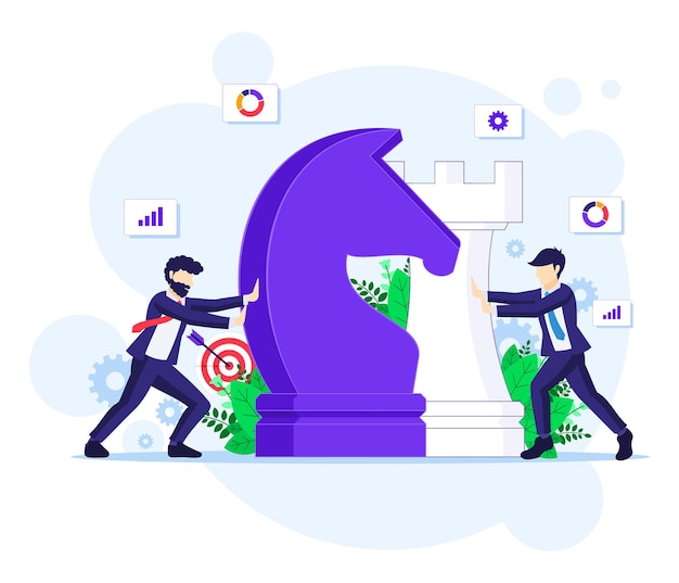 Business strategy concept with businessmen moving giant chess pieces, Strategic planning and tactics in business illustration