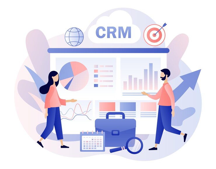 Бизнес-стратегия CRM-решение Концепция управления взаимоотношениями с клиентами Крошечный бизнесмен выполняет