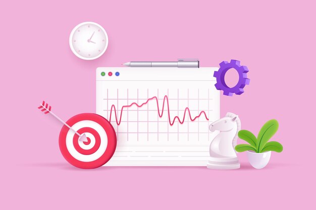 Business strategy and data analysis concept 3D illustration Icon composition with graph chess