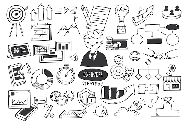 Vector business strategy doodle set vector illustration