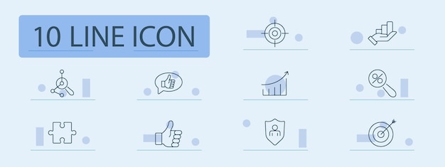 Business strategy set icon Target graph growth puzzle analysis percentage shield thumbs up network statistics increase like focus goal metrics protection financial data