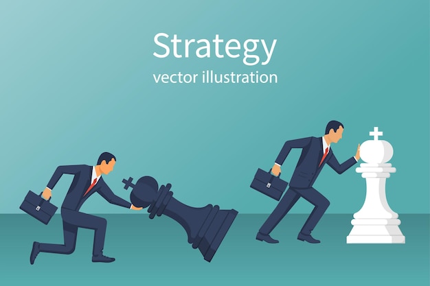 Vettore strategia aziendale stratega pianificazione successo vincente illustrazione vettoriale design piatto isolato su sfondo uomo d'affari che spinge la figura degli scacchi del re vittoria in battaglia sii in anticipo avversario