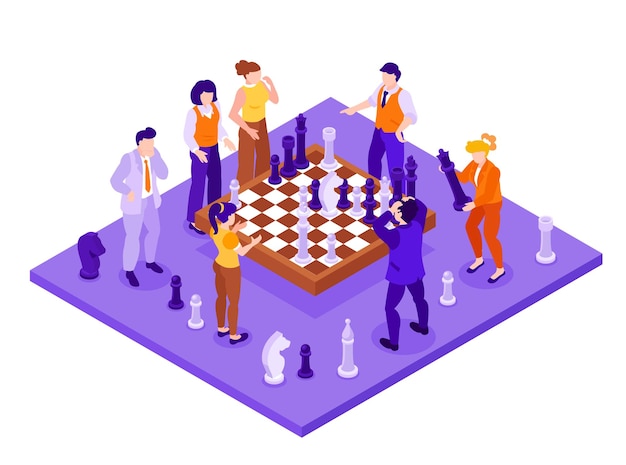 Vector business strategy successful teamwork brainstorming isometric concept with businessmen and women around chess board 3d isolated vector illustration