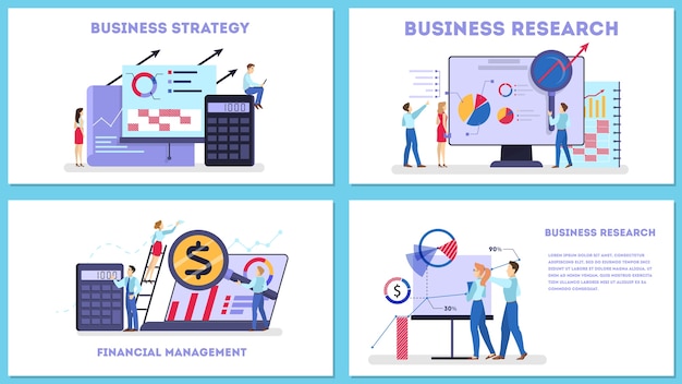 Vector business strategy web concept set. market research