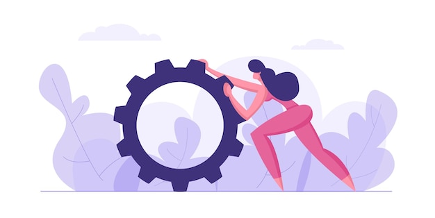 Business Strategy with Character Pushing Giant Cogwheel Illustration