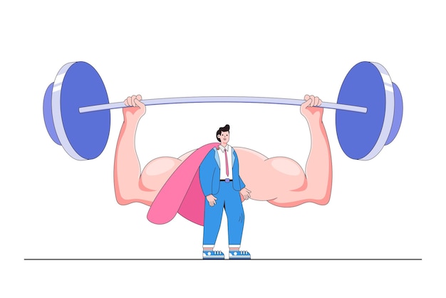 Vector business strength potential strong ambition to finish job career challenge powerful leadership growth motivation concepts businessman super hero lifting heavy weight using huge muscle shadow