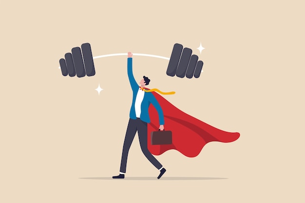 Vector business strengths, strong power to get job done and success, career challenge or winning skill with strong leadership concept, strong businessman hero show his strength by easy lifting heavy weight.