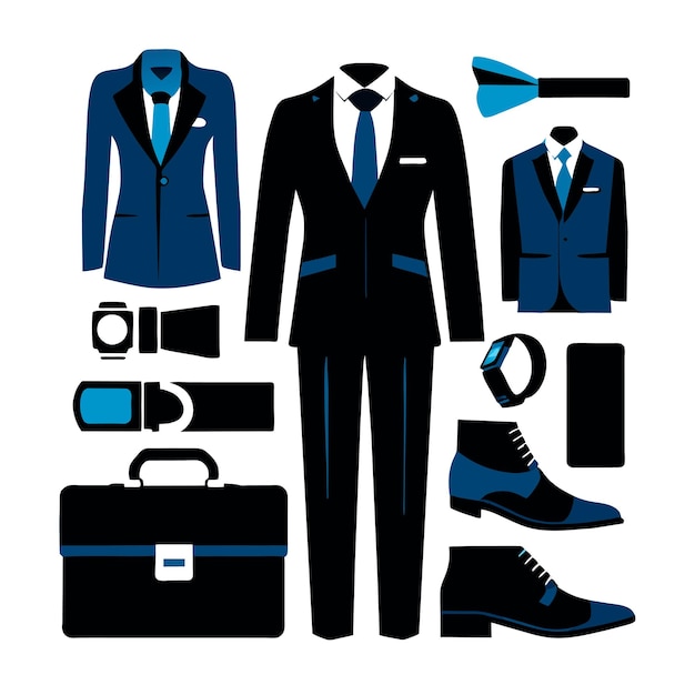 ベクトル ビジネススタイルの服装 ビジネスマン向けのガジェット ボスの靴下 スーツ シャツ パンツ ベルト ブリーフケース