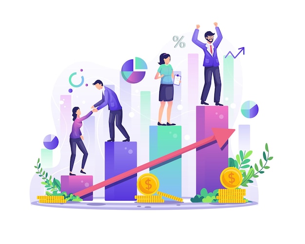 Vector business success concept business people climb the bar graph through a column by column for their success   illustration