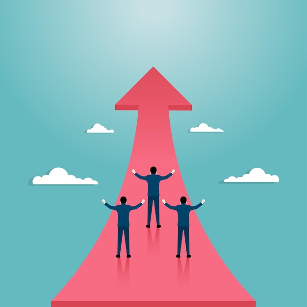 Business success concept. Business team standing on arrow flying to success. Symbol achievement career. Growth charts up increase profit and investment. background vector flat