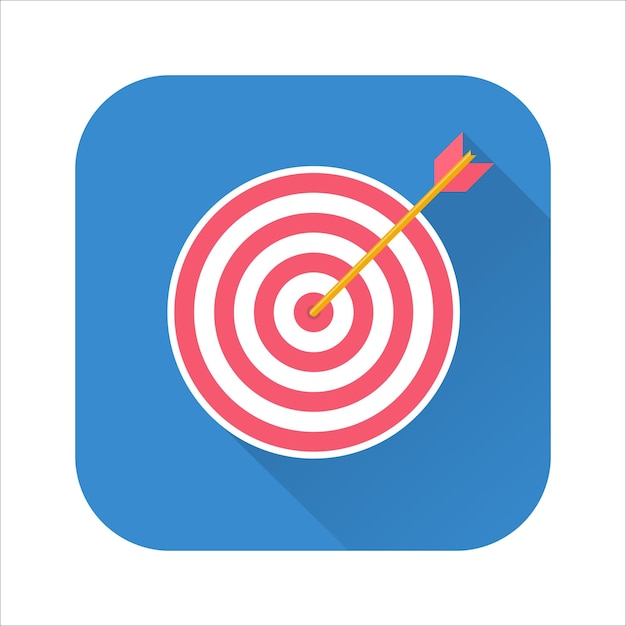 Business success concept icon Archery target with arrow hitted the mark market competition or project winner Vector flat style cartoon illustration with long shadow on violet background