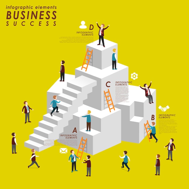 Business success concept with people climbing up to stairs in 3d isometric flat style
