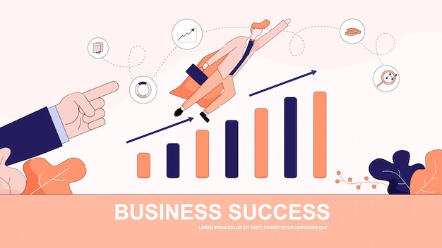 Business success horizontal banner. superhero man.