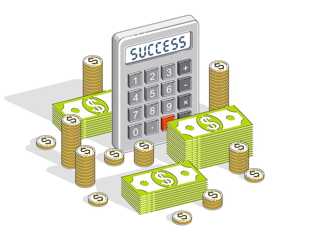 Бизнес-успех и концепция дохода или прибыли, калькулятор и стек наличных денег в долларах и монеты, изолированные на белом фоне. Векторная 3d изометрическая иллюстрация бизнеса и финансов.