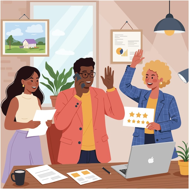Business Success Team Meeting vieren met Five Star Review