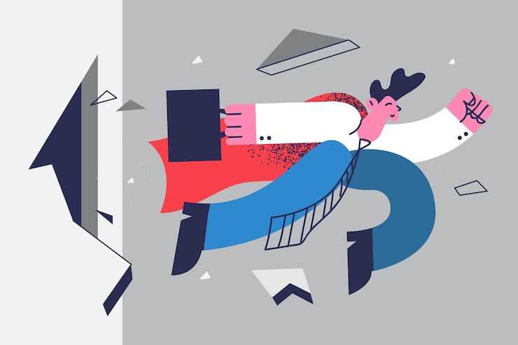 Vector business superpower, leadership, success concept. super businessman cartoon character punching wall, male employee office worker flying through difficulties overcoming and reaching success
