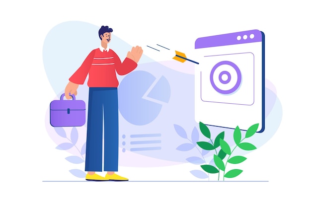 Business target concept with people scene in flat design Man shoots arrow right on target