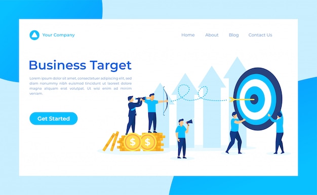 Vector business target landing page, leader looking target through binoculars.