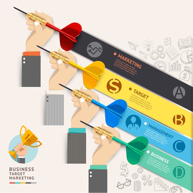 Business target marketing concept. Businessman hand with dart and doodles icons.