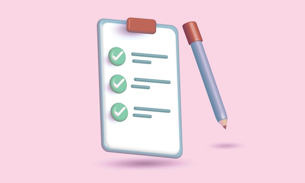 business target planning. 3D render pencil minimal cartoon checklist icon on clipboard paper