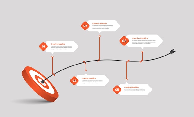 Vector business target and strategy presentation step infographic template with arrow touched goal circle