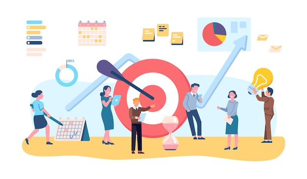 Business target tasks planning work goals tiny people with huge round aim and bullseye arrow progress infographic businessman achievement teamwork and job management vector concept