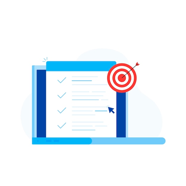 Business targeting, successful strategy, project management, improvement checklist. Flat vector illustration.