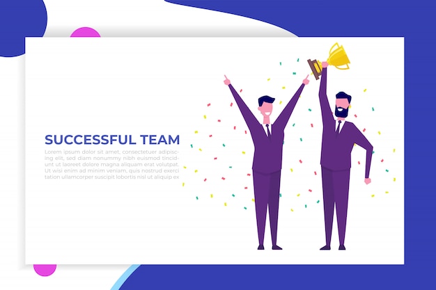 business team achievements, team victory, win concept with characters. people holds a cup and celebrates success.
