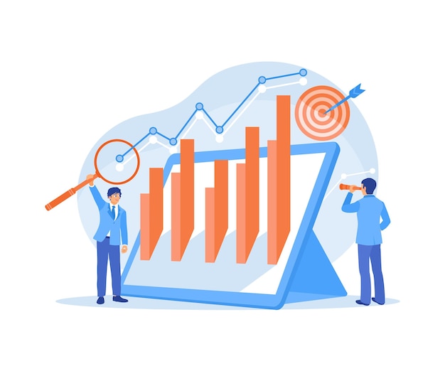 Vector business team analyzing financial charts business strategy towards marketing targets data analysis concept flat vector illustration