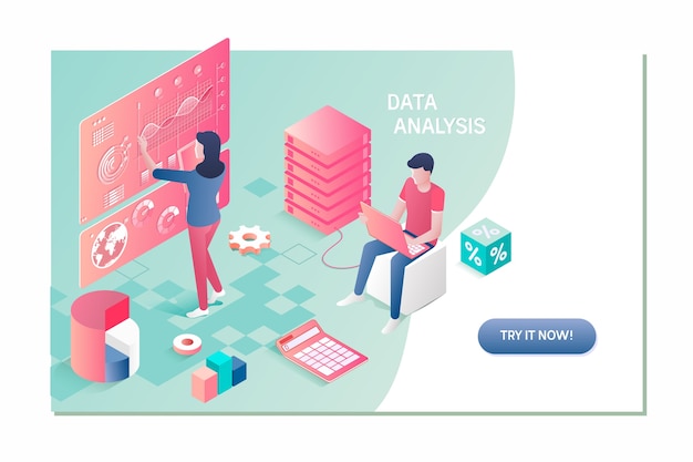 business team brainstorming data analysis isometric concept