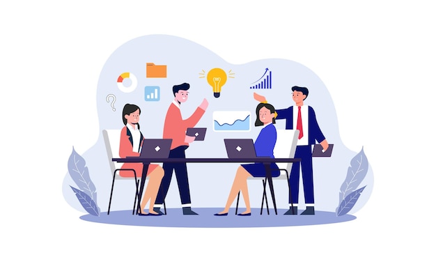 business team brainstorming and discussing startup project illustration