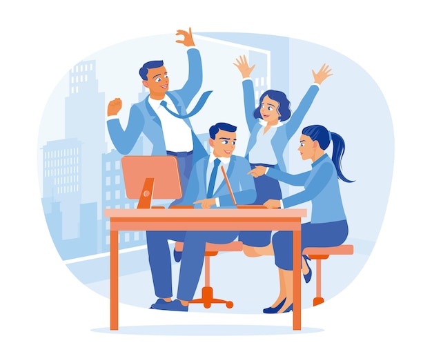 The business team celebrates work success People with happy expressions in front of computers Colleagues rejoicing success concept Flat vector illustration