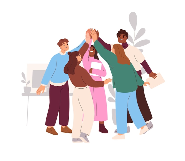 Vector business team celebrating work success in office together. happy colleagues employees giving high five for corporate goal achievement. flat graphic vector illustration isolated on white background