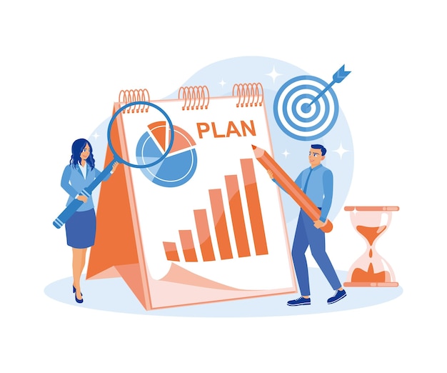 the business team creates a business strategy analyze business plans to achieve targets business plan concept flat vector illustration