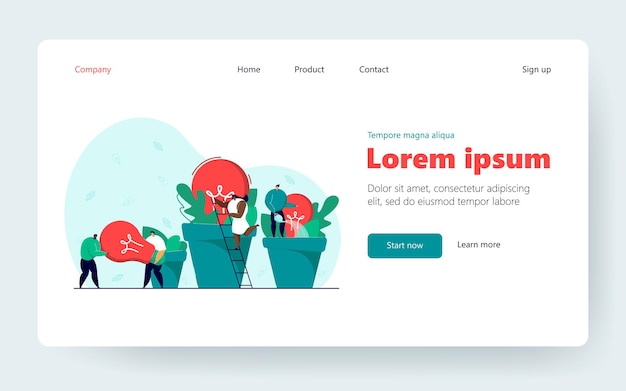 Business team growing ideas as potted plants. men carrying lightbulb, black girl climbing ladder, man watering idea plant. business, ecology, teamwork, creativity concept for banner or website design