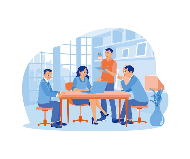 Business team meeting in office A male worker is standing while holding documents