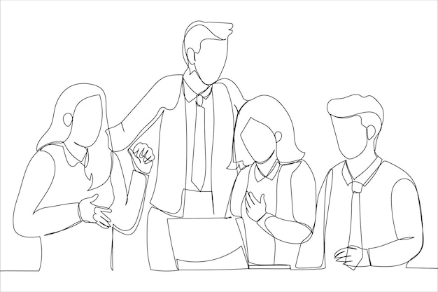 Business team members having a discussion one line art style