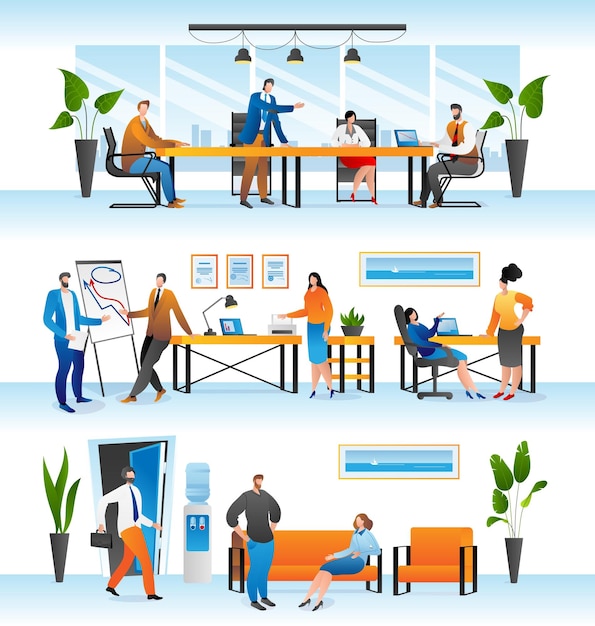 Business team mensen werken in office set vector illustratie Teamwork werkvergadering met platte man vrouw persoon corporate werkplek