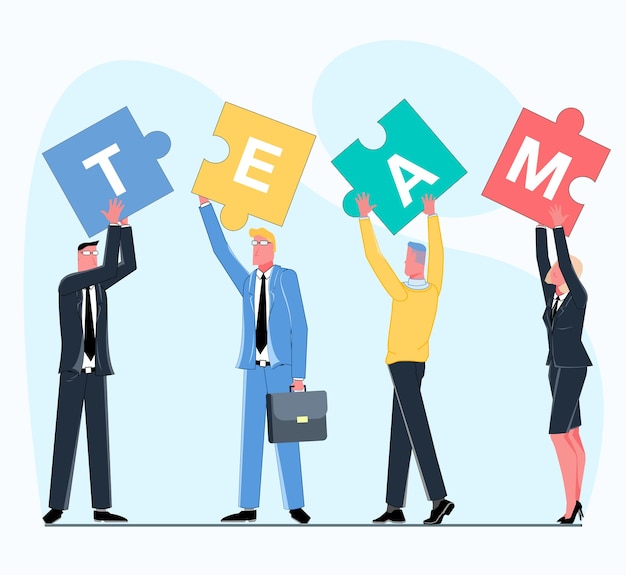 Business team met puzzels met letters erop geschreven die succesvol teamwerk laten zien
