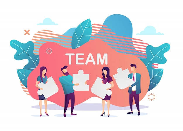Vettore attività commerciale . metafora del team. persone che collegano elementi puzzle. stile design piatto. simbolo di lavoro di squadra, cooperazione, collaborazione. illustrazione