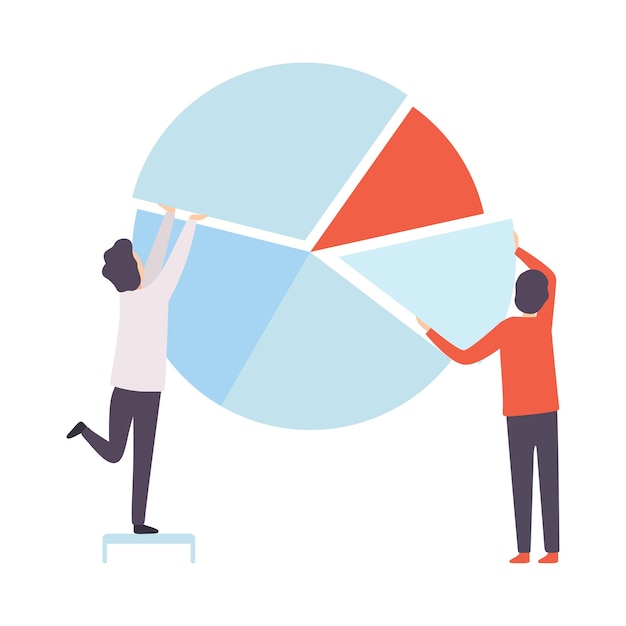 비즈니스 팀 사무실 동료 건설 파이 차트 회사에서 함께 일하는 사람들 팀워크 협력 파트너십 색 배경의 터 일러스트레이션