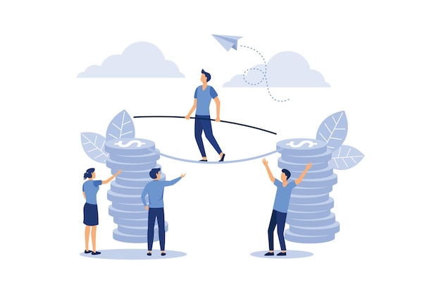 the business team overcomes obstacles and achieves success in the financial sphere flat illustration