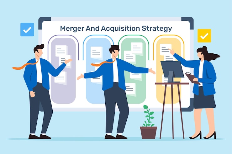 Vector business team planning merger and acquisition strategy with sticky notes on whiteboard