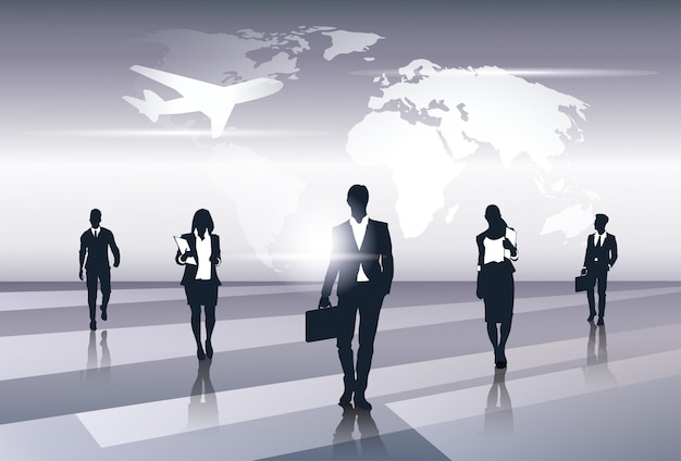 Vector business team silhouette businesspeople group human resources over world map trip flight concept