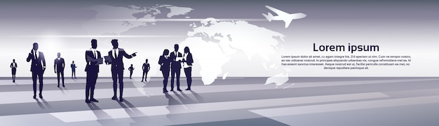 Business team silhouette businesspeople group human resources over world map trip flight concept