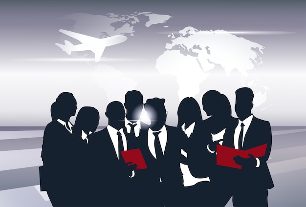 Business Team Silhouette Businesspeople Group Human Resources over World Map Trip Flight Concept