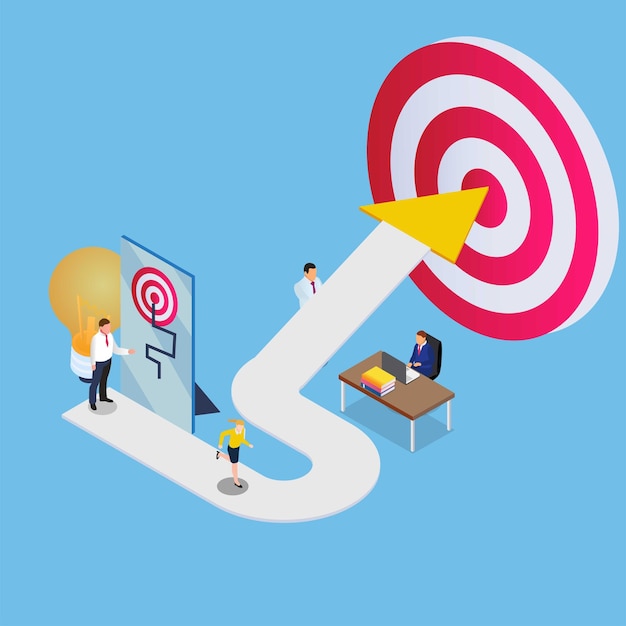 Business team strategy to achieve target isometric 3d