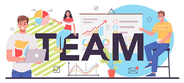 Vector business team typographic header idea of strategy and achievement in teamwork team building group of people work together for business development vector flat illustration