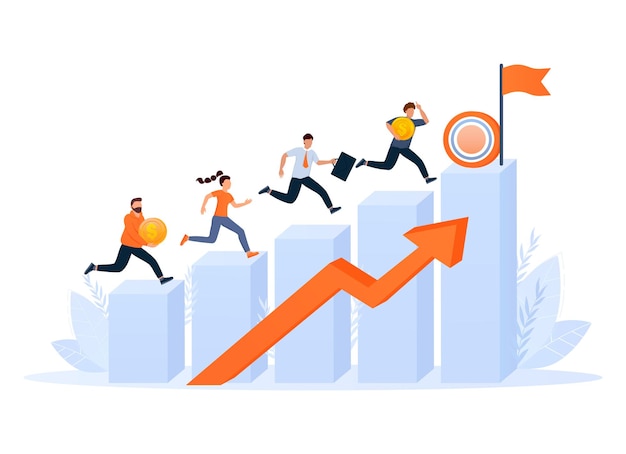business team walking success ladder or steps banner web page flat design concept of business analysis and planning increase profits business growth